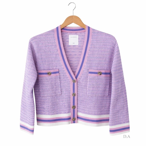 Cardigan Sandro Paris Tweed Knit Cardigan Pink/Blue/lilac| acrylic/wool bland S - Picture 2 of 7